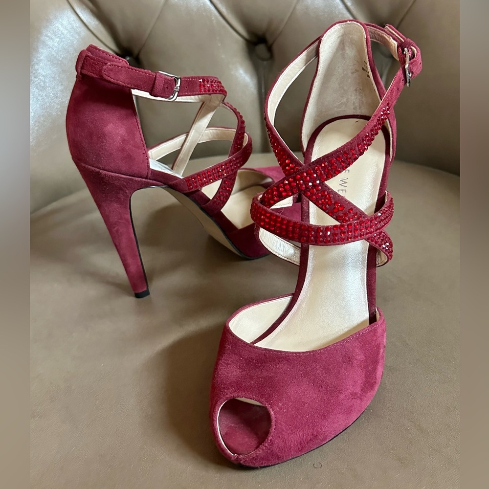 Nine West “Just Maybe” Wine Suede Crystal Peep Toe Heel